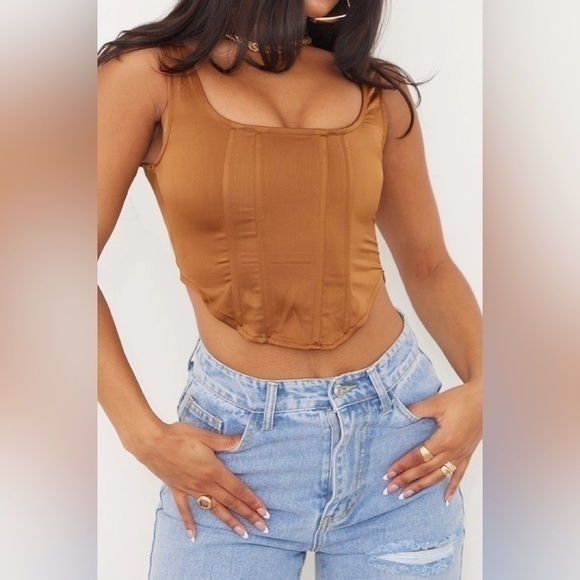 PRETTYLITTLETHING Chocolate Sculpt Satin Boned Corset size 10 NWT - Picture 1 of 7